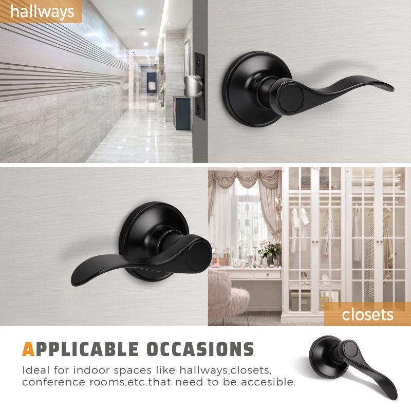 KNOBWELL 5 Pack Passage Door Levers Black Door Handles Interior Hallway Closet Door Lever Handle Without Lock Door Knobs for Left/Right Handing, Matte Black Finish, Drop Lever Shape - Image 3